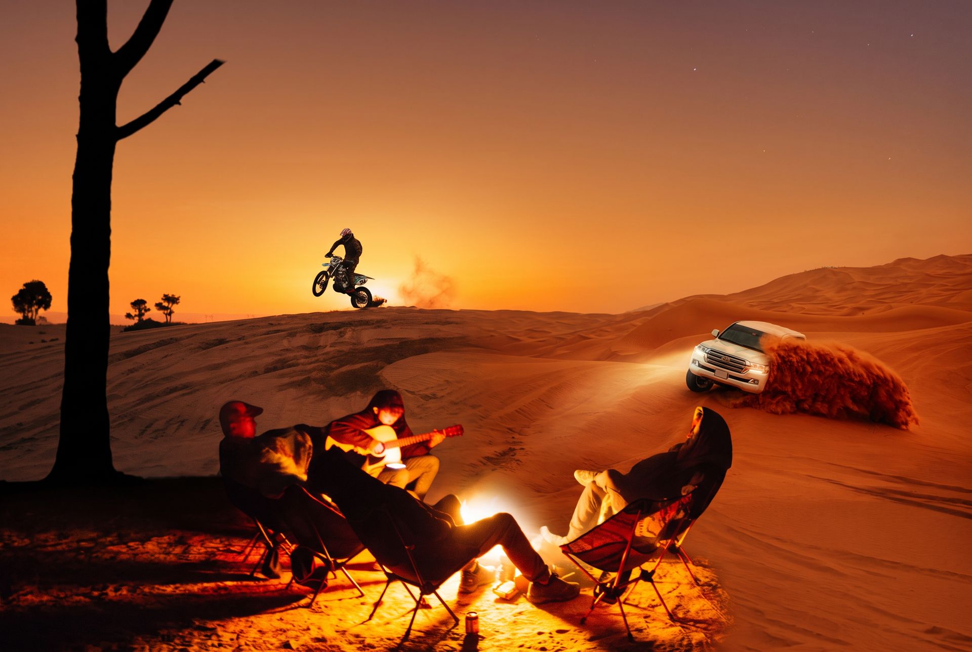 Friends around a campfire with dune riding and off-road driving at sunset