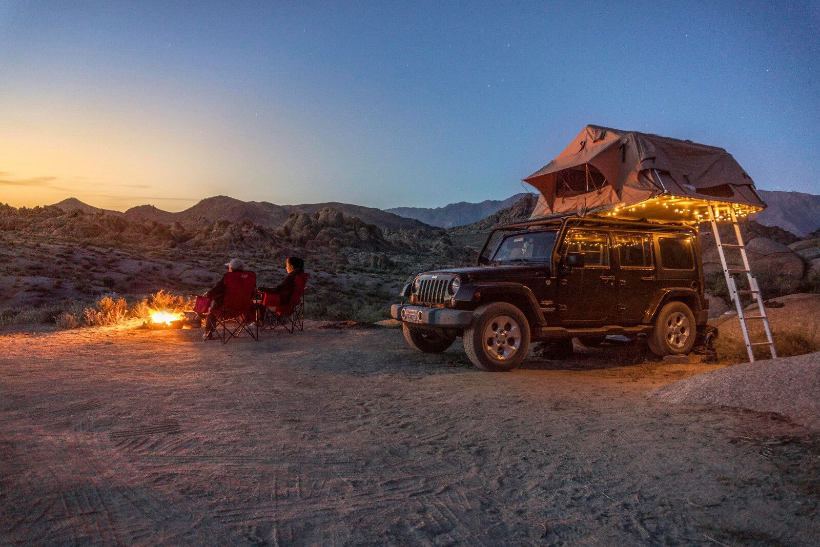 Camping displays and outdoor living at sunset